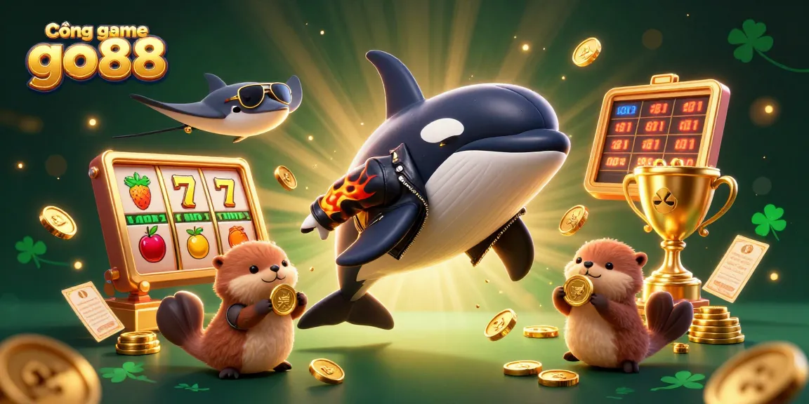 Cổng game go88 captures a thrilling casino scene with vibrant characters and slot elements.