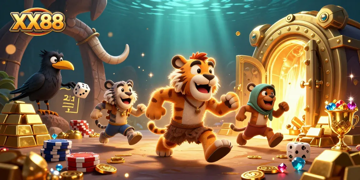 Experience thrilling action with XX88 casino games featuring unique 3D characters amidst dazzling treasures.