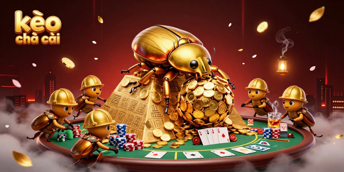 Engage in kèo nhà cái with gold-coin beetles on a vibrant casino-themed background.