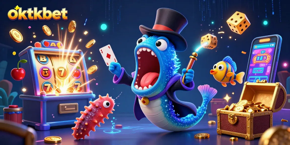 Experience the thrill of oktkbet with magical creatures and vibrant casino elements in an electrifying 3D illustration.