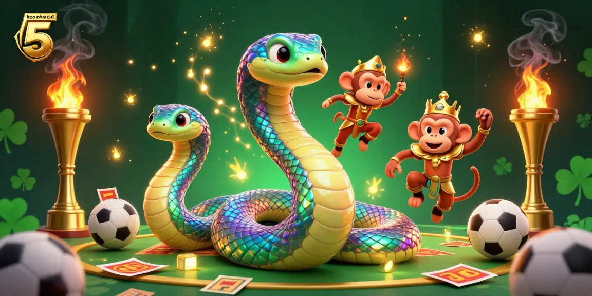 Engage with keo nha cai 5's dynamic sports betting scene, featuring a colorful serpent and golden monkey king.