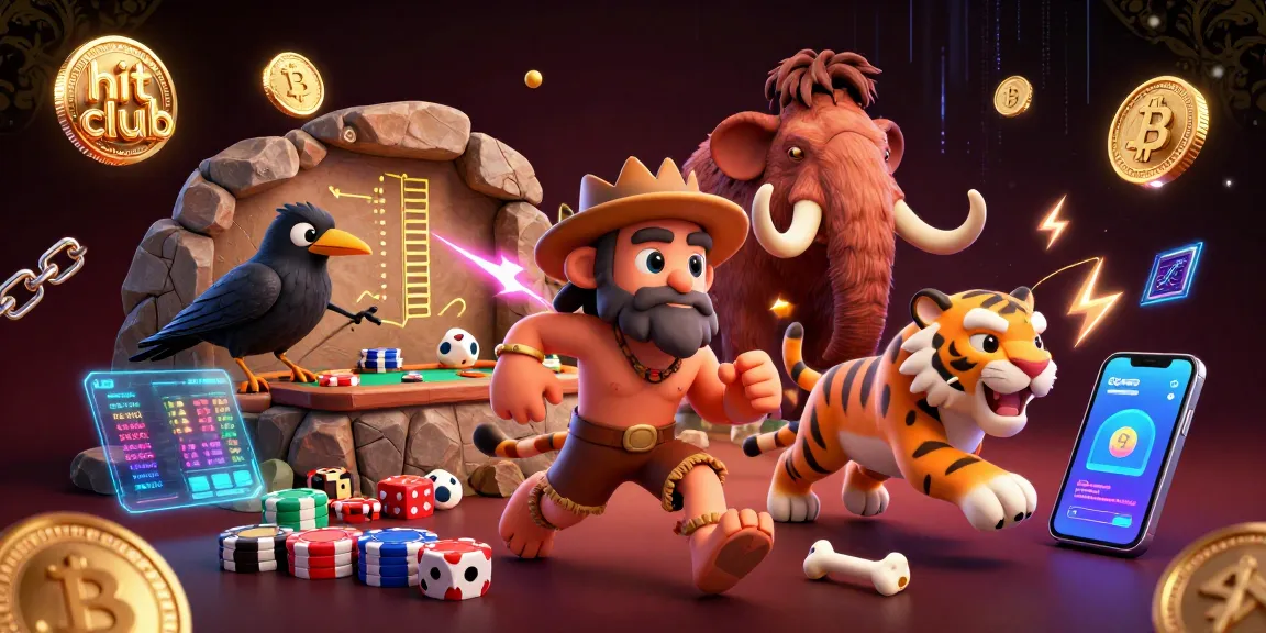 Join the hit club at a vibrant prehistoric casino with dynamic characters and crypto elements.