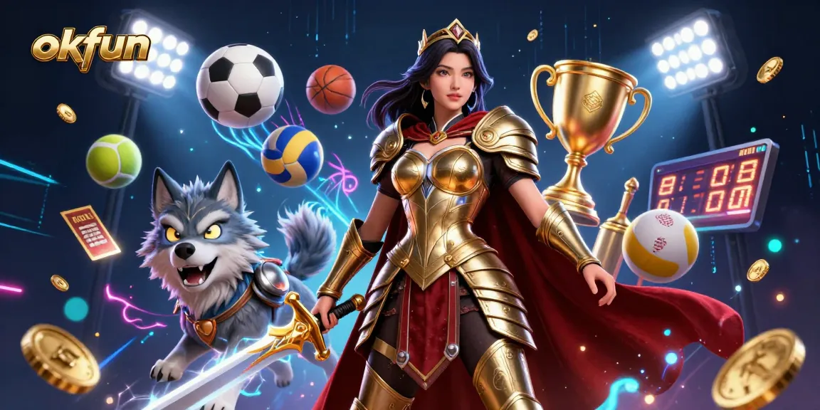 Engage in thrilling gameplay at okfun with dynamic sports action and captivating casino elements in this vibrant 3D illustration.