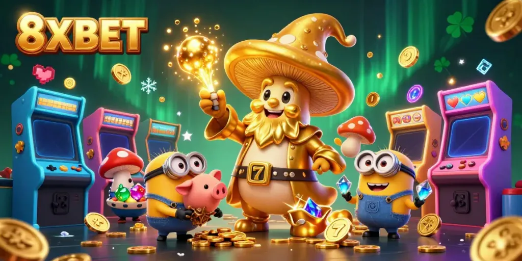 Engage with the magical world of 8XBET in a dynamic gaming scene filled with golden treasures and vibrant elements.