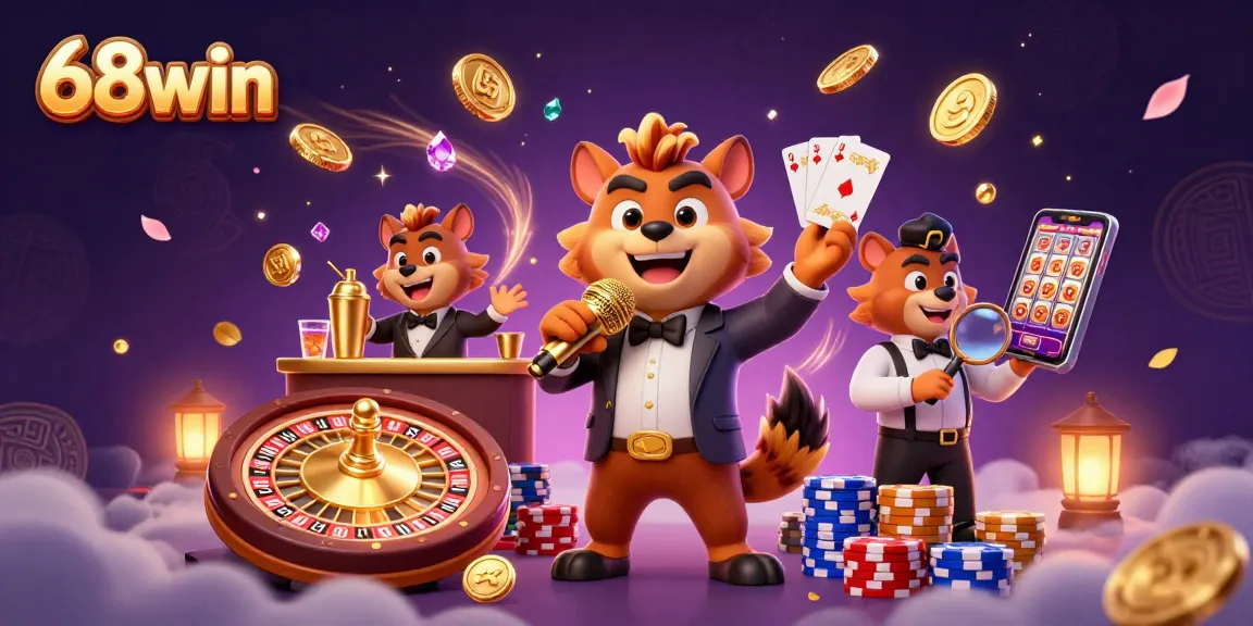 Experience the exciting ambiance at 68win's casino with hyenas and golden casino elements.