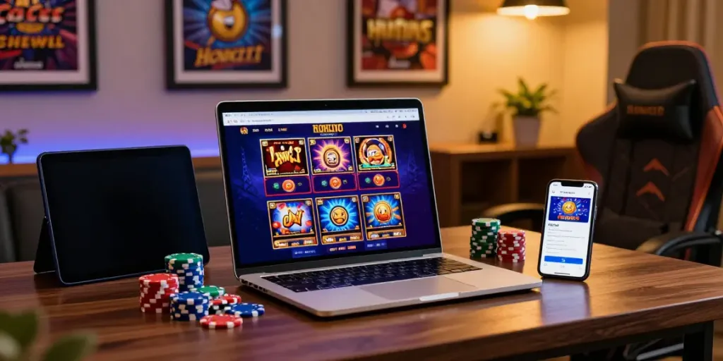 Engaging view of Howzit Casino United Kingdom setup with laptop and casino chips.