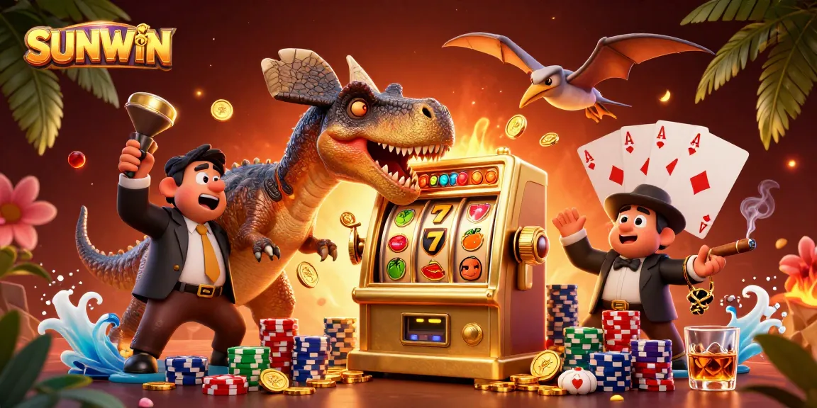 Experience excitement at SUNWIN with 3D characters celebrating jackpot wins in a vibrant casino scene.