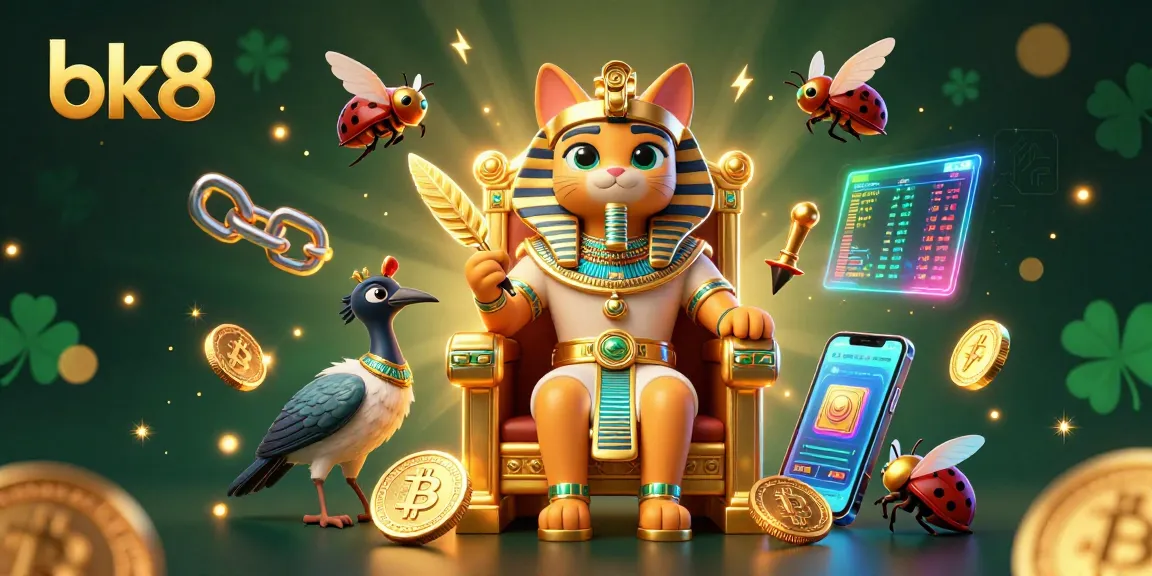 Engage with bk8's vibrant gaming world featuring a pharaoh cat and crypto elements.
