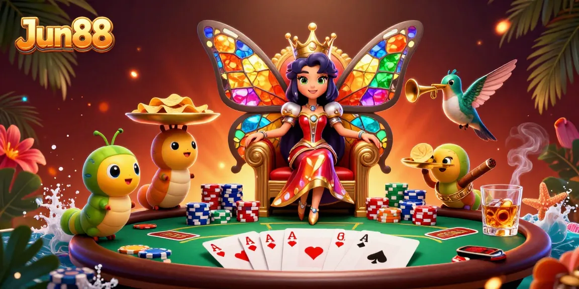Win big at Jun88 with vibrant casino gameplay featuring a butterfly queen and colorful poker elements.