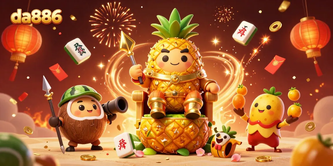 Experience the thrill of da886 with an exciting scene of a golden pineapple king at a beach casino.