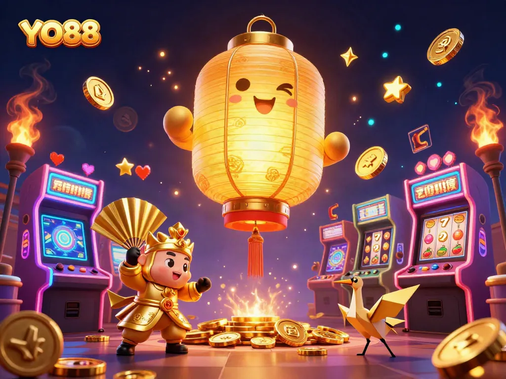 YO88 elevates excitement in a vibrant night market casino filled with gaming elements and golden symbols.
