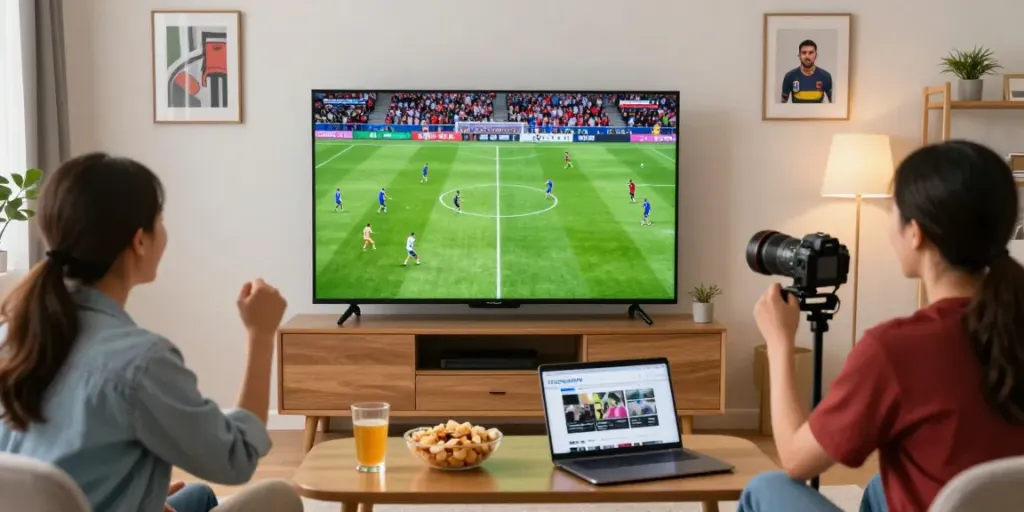 Friends enjoying live soccer on Thapcamtv in a vibrant living room.