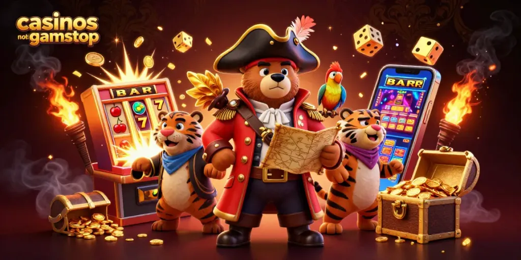 Experience the thrill of casinos not on gamstop with vibrant 3D characters amidst engaging casino elements.