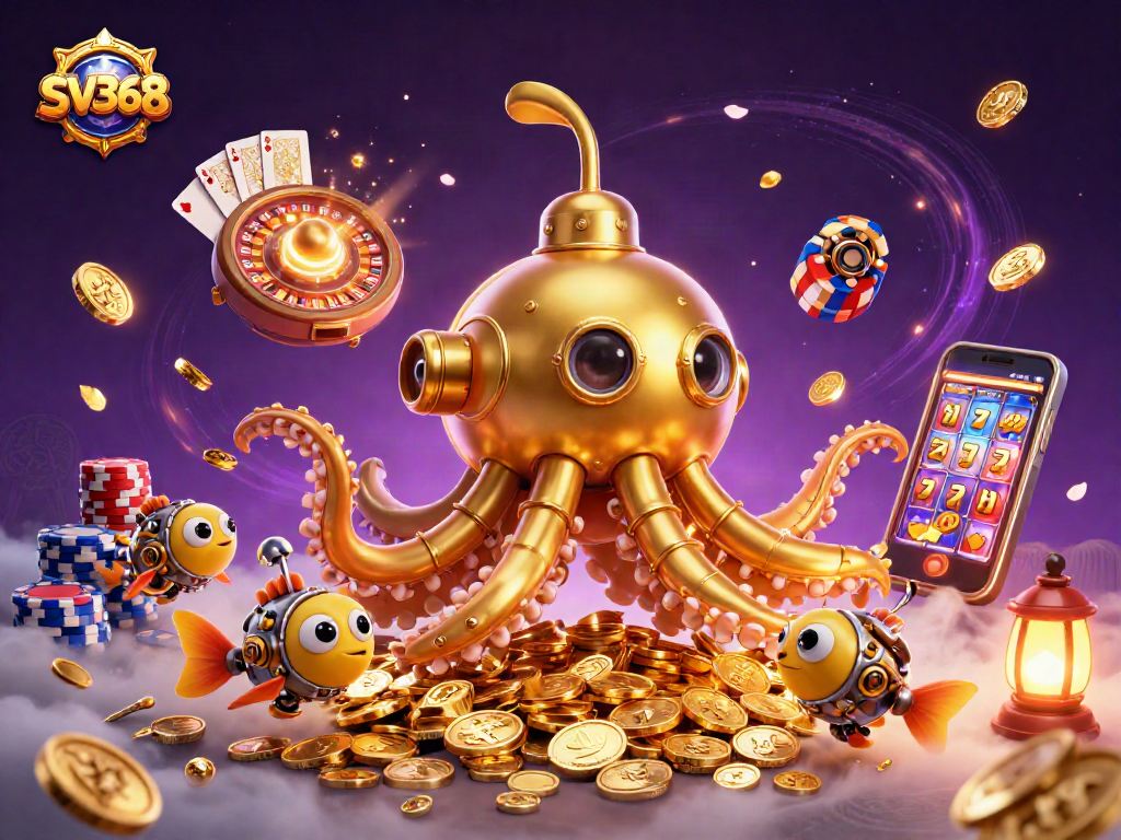 Win big at SV368 with a vibrant scene of a golden kraken submarine navigating through cascading coins and gambling elements.