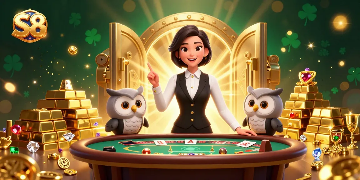 S8 brings excitement with a skilled dealer and charming owl assistant at a vibrant baccarat table.