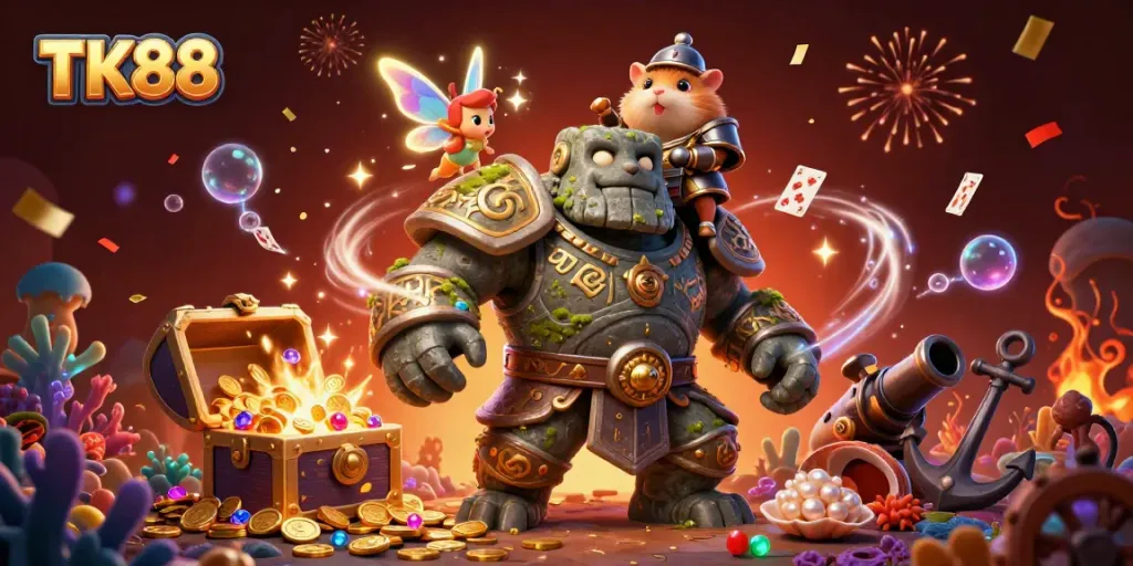 Experience TK88 with an enchanted golem and knight amidst a magical casino setting filled with gold and excitement.