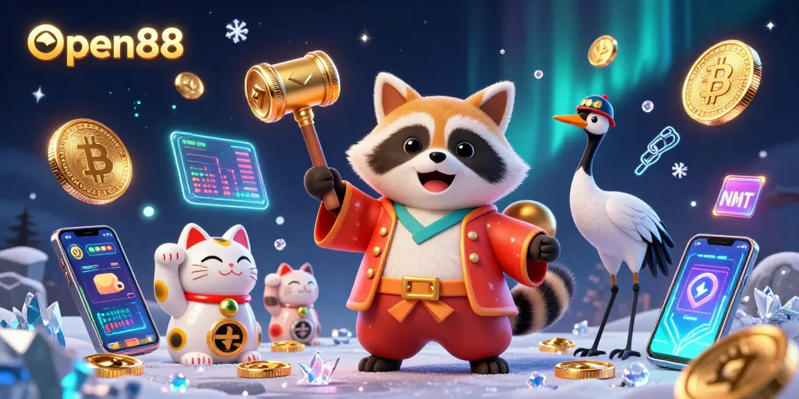 Open88 features a tanuki and friends celebrating with crypto elements and vibrant casino motifs.