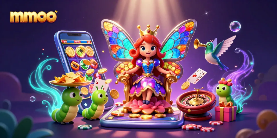 Experience mmoo-themed excitement with a vibrant casino illustration featuring a butterfly queen and gaming elements.