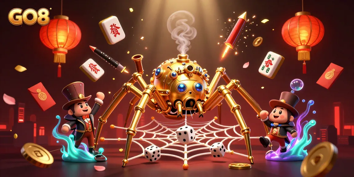 Engage with GO8's vibrant casino experience as a golden spider weaves its luck-laden web in a rich 3D scene.