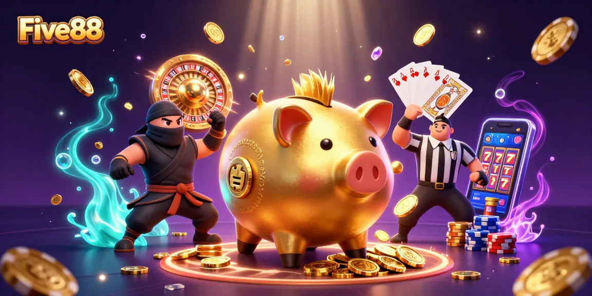 Experience thrilling gameplay at Five88 with a dazzling 3D casino scene featuring action-packed characters.