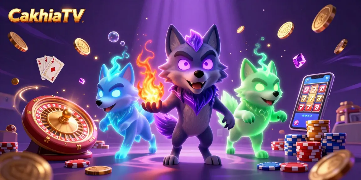 CakhiaTV showcases a dynamic illustration of a shadow wolf with spectral energy surrounded by casino elements.