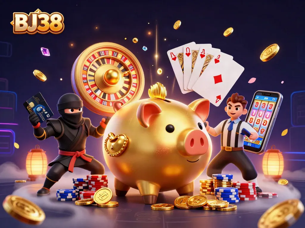 Spin the roulette wheel and stack chips in the colorful BJ38 casino illustration.