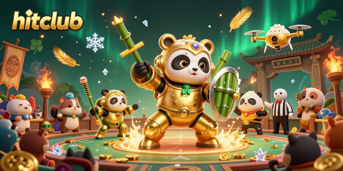 Experience thrilling action with hitclub's vibrant 3D cartoon arena of a golden panda in a mech-suit battling in style.