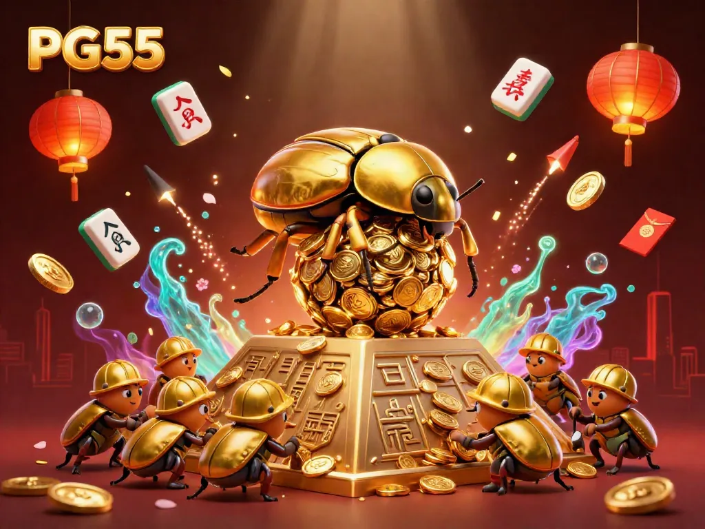 Engage with PG55 while a massive golden dung beetle rolls a coin-covered sphere up a pyramid surrounded by vibrant casino elements.