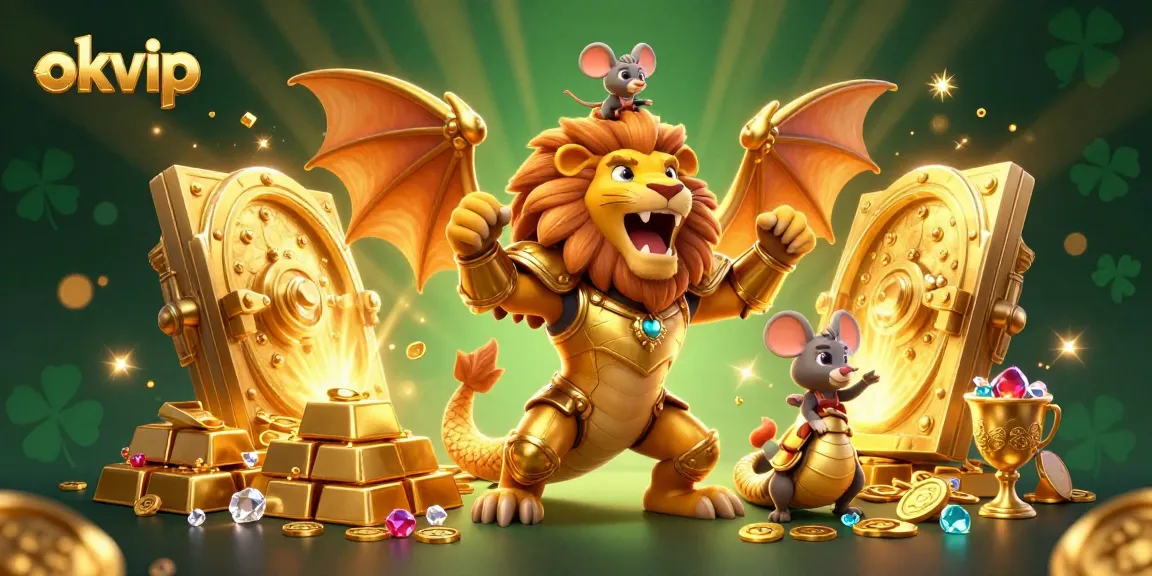 Engage with okvip treasures in this vibrant 3D casino world, featuring golden vaults and a lion chimera.