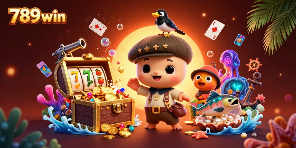 Join the excitement at 789win with adorable Nessie and friends surrounded by gold coins and slot machines!