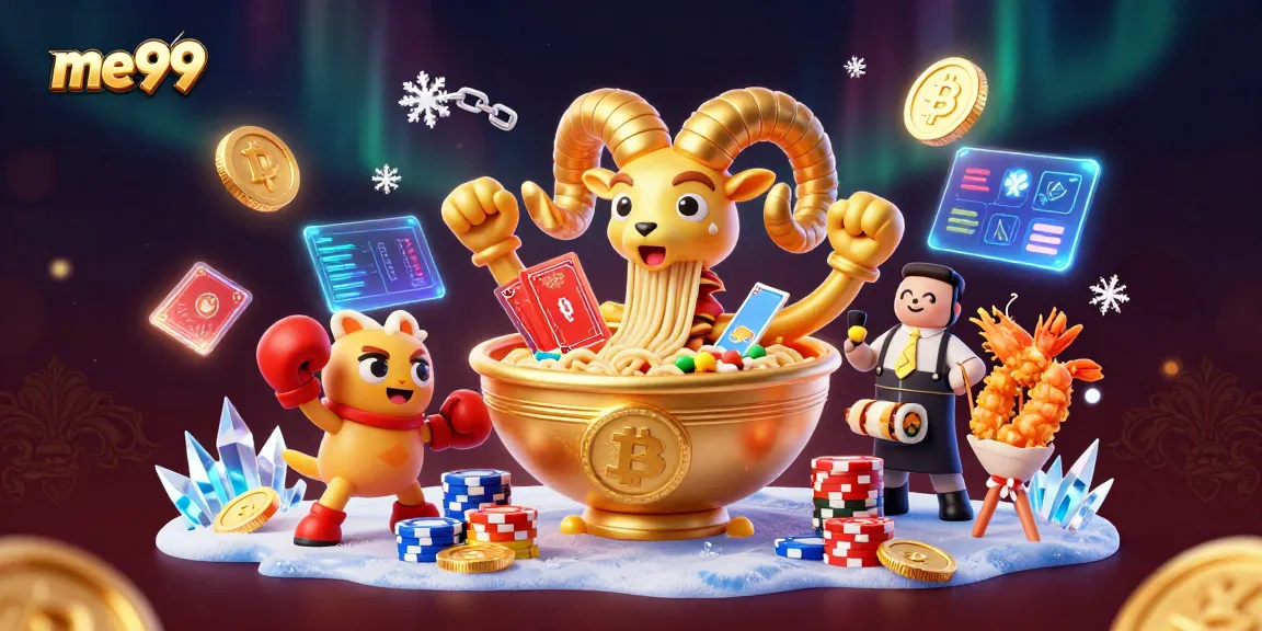 Experience me99 with a vibrant 3D casino scene featuring a giant ramen bowl dealer and glowing crypto coins.