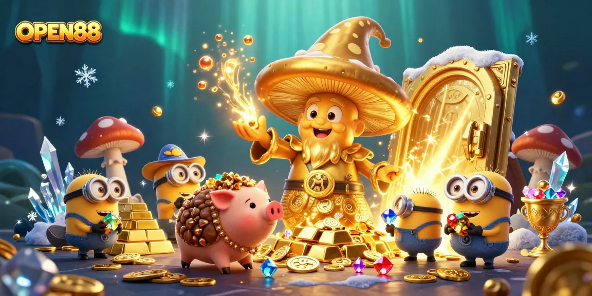 OPEN88 enchants with a golden wizard, treasure and vibrant casino elements in a dynamic scene.