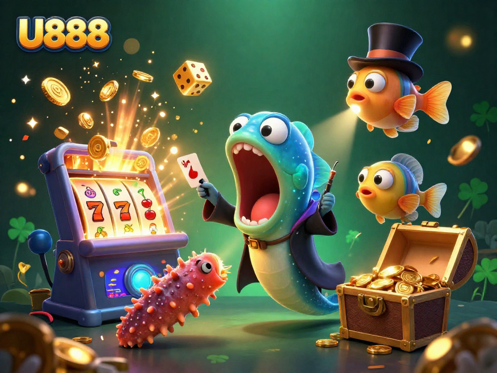 Experience the magic of U888 with a vibrant 3D casino scene featuring interactive characters and jackpot excitement.