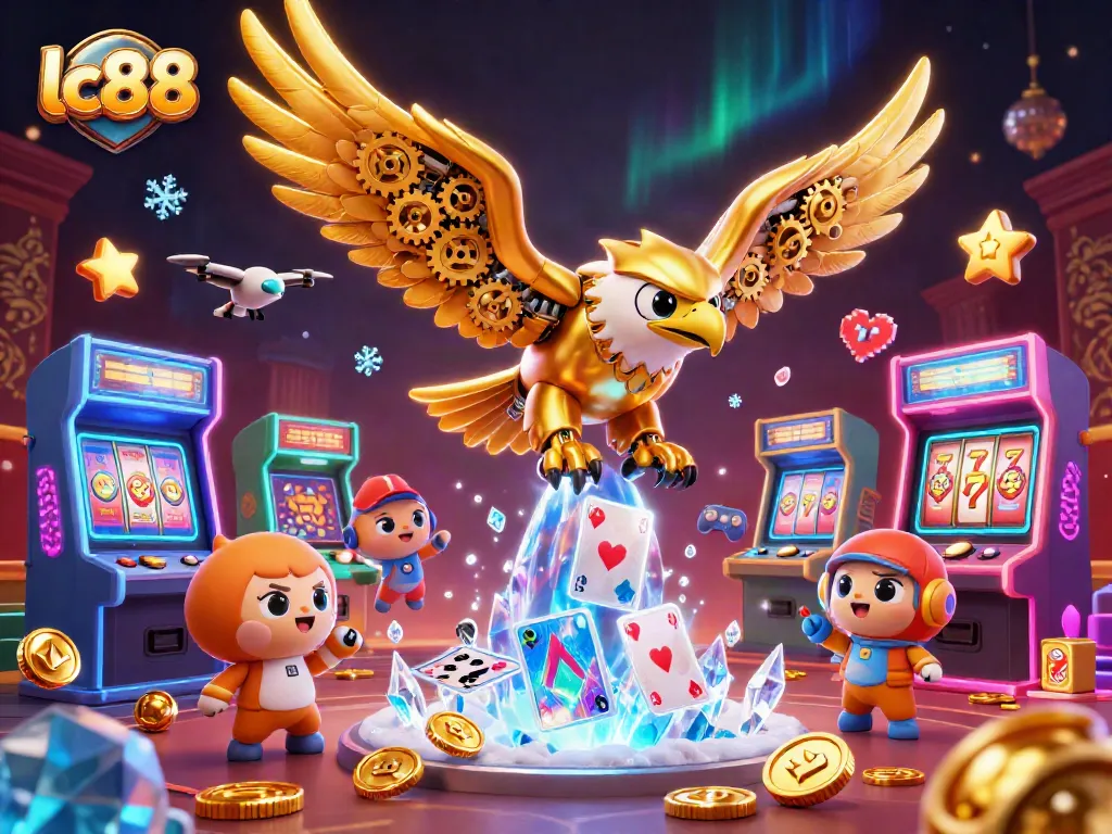 lc88’s dynamic casino scene featuring a golden eagle amidst vibrant slot machines and luminous playing cards.