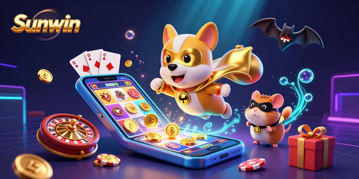 Experience the thrill of Sunwin with a superhero dog and hamster amidst dynamic casino games.
