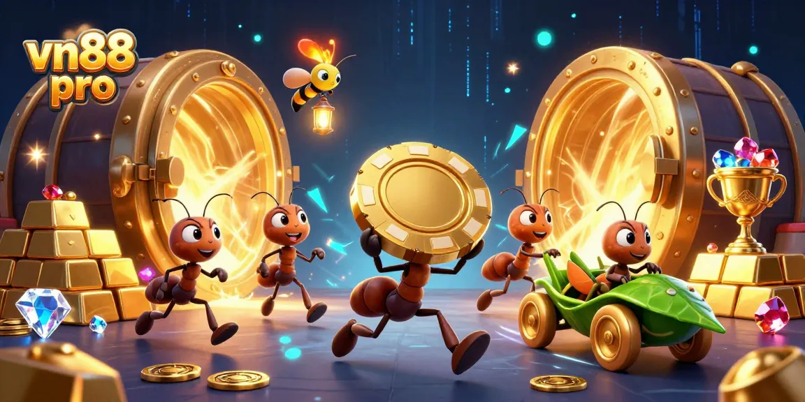 Win big with vn88 pro as ants heist golden poker chips in a vibrant 3D casino scene.