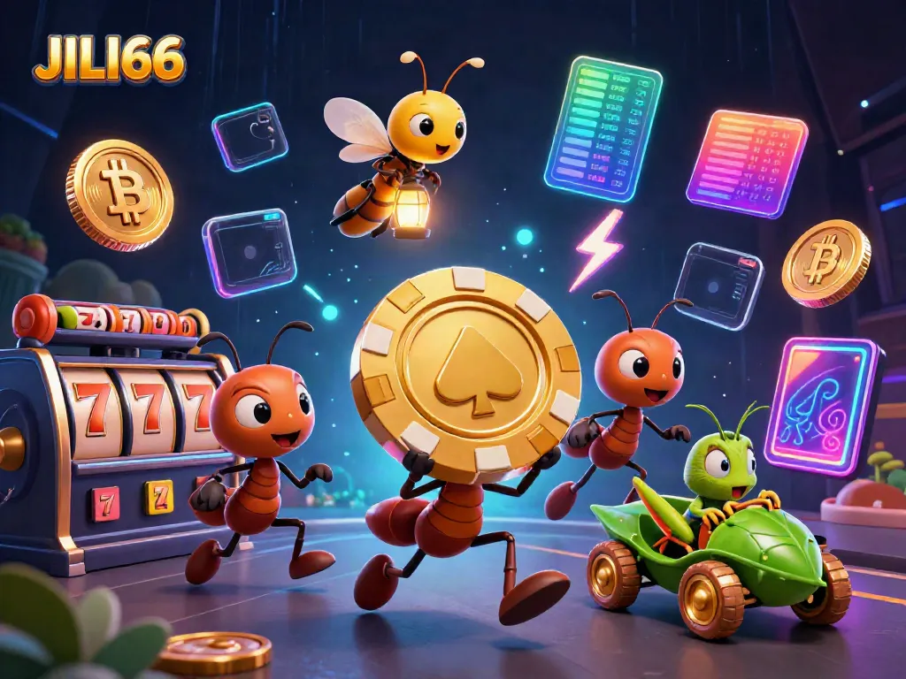JILI66 promotion featuring 3D ants heisting a massive poker chip amidst glowing slots and neon crypto coins