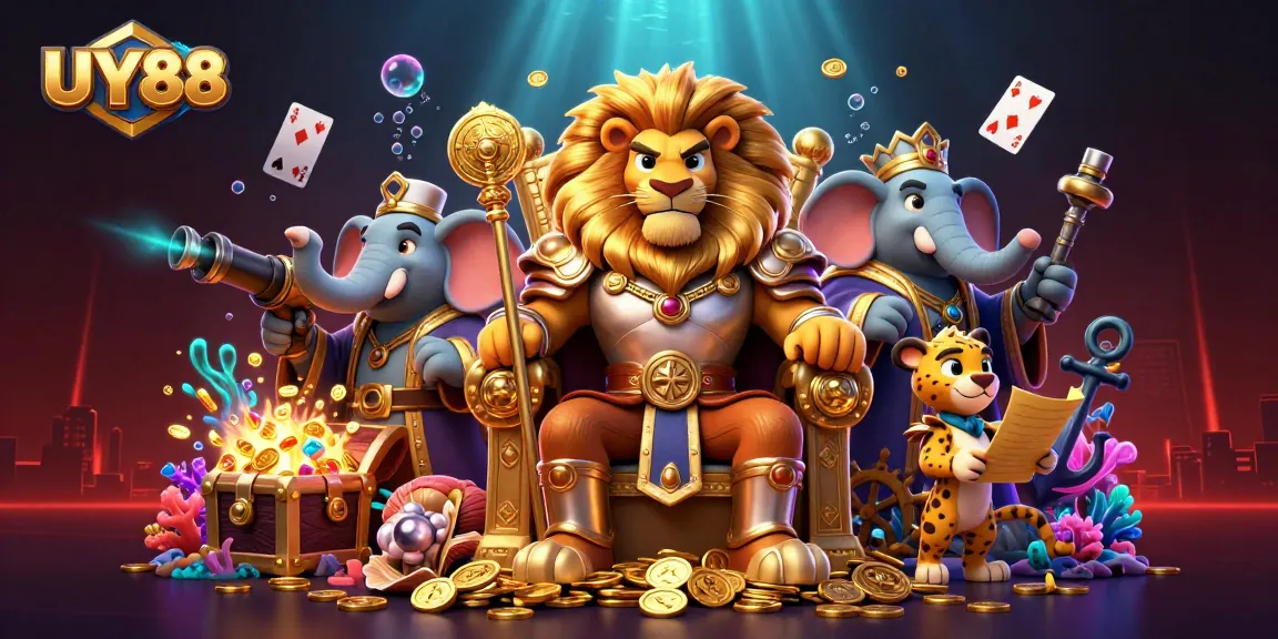 Experience thrilling gameplay at UY88 with the majestic lion king in a vibrant casino scene.