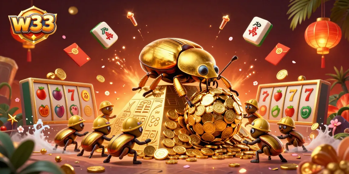 Experience exciting slots at w33 with a golden dung beetle rolling coins and festive casino elements.