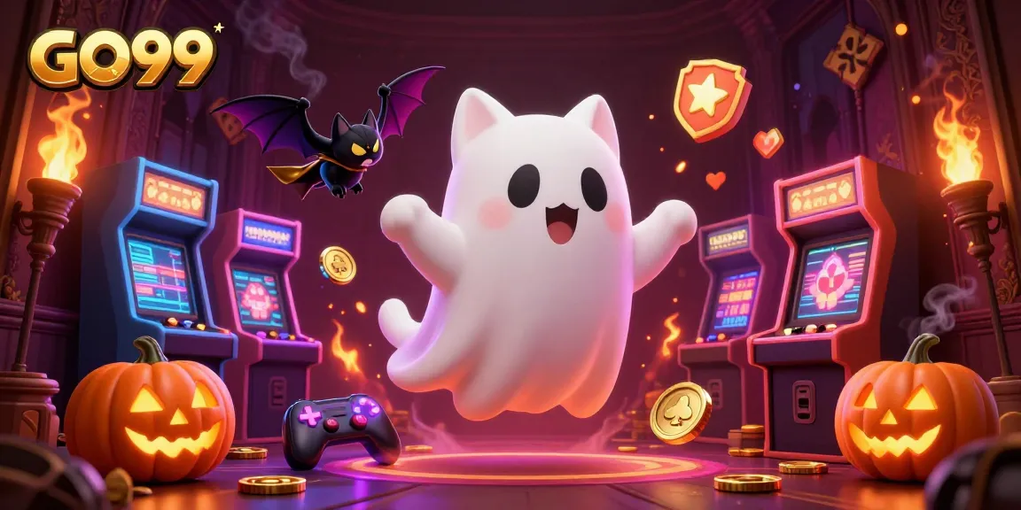 Play in a haunted casino with GO99, featuring vibrant ghost cat and spooky elements.