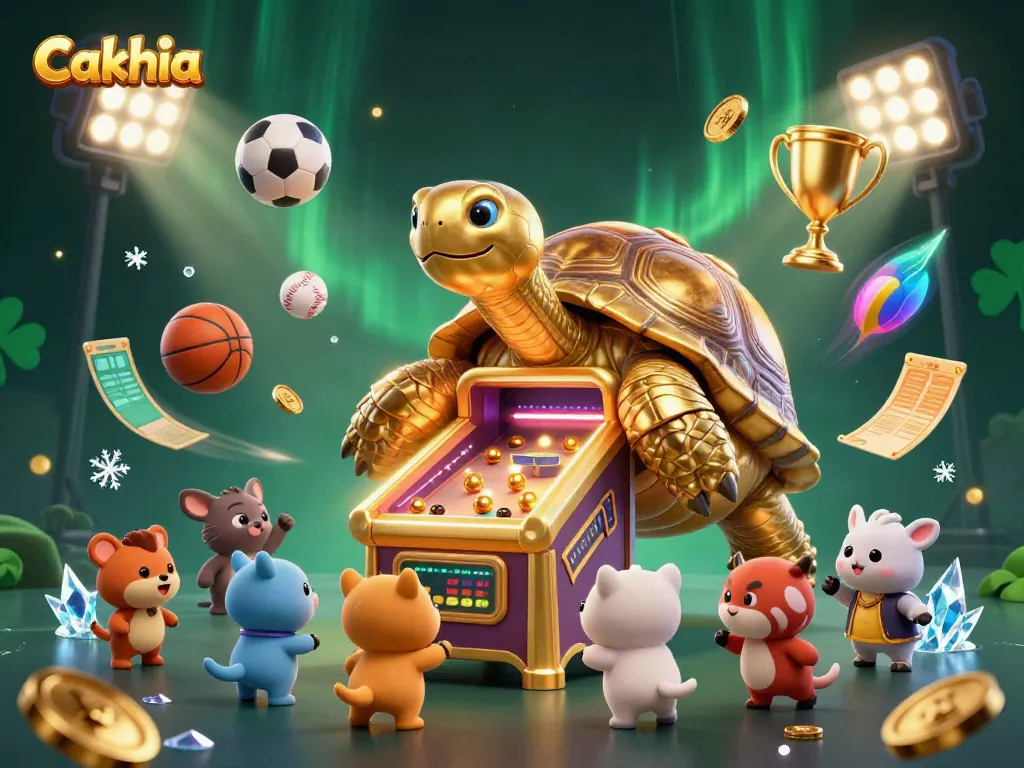 Cakhia showcases a dynamic illustration with a golden tortoise pinball machine amidst exciting sports activities.