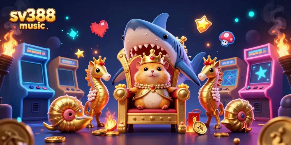 Engage with sv388 music through an immersive casino-themed digital illustration featuring a royal hamster king.