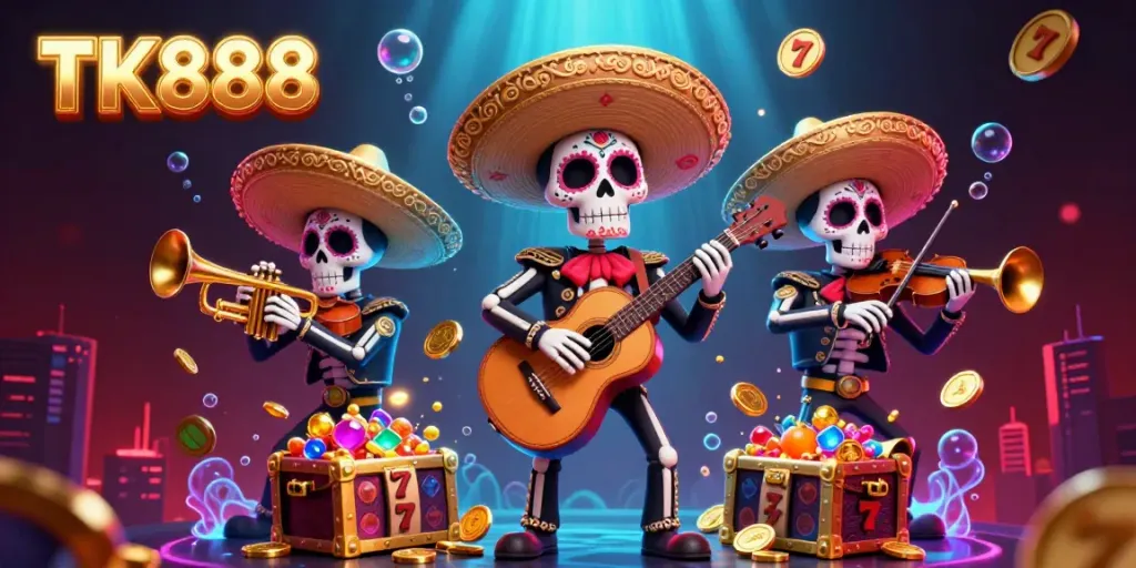 Experience dynamic slot gameplay at TK888 with animated mariachi band and vibrant treasure elements.