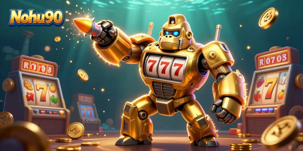 Nohu90 captivates players with a vibrant 3D illustration of a golden gorilla mech and thrilling slot-themed elements.