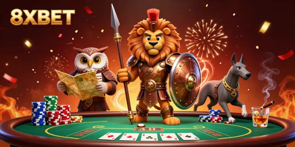 Engage in thrilling gameplay with 8XBET, featuring a captivating 3D scene of poker excitement and colorful characters!