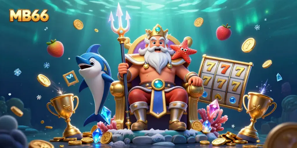 Experience thrilling gameplay with MB66, featuring Neptune and casino game symbols in a rich underwater scene.
