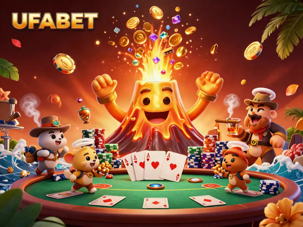 Experience thrilling UFABET gaming amidst treasure-filled chaos with enchanting volcano character.