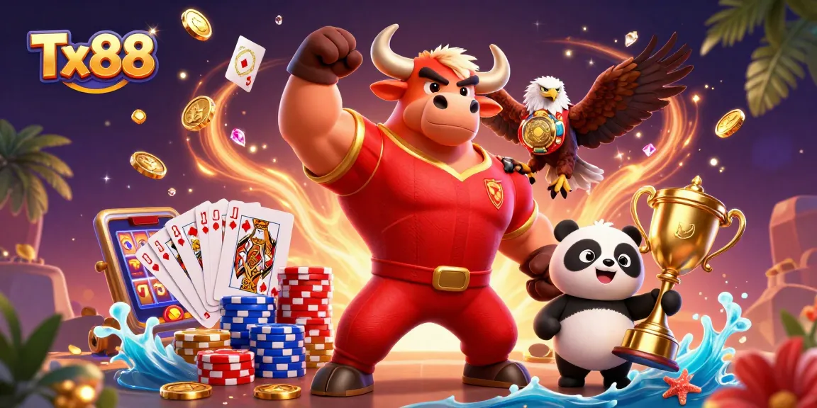Win big with Tx88 in an exciting casino atmosphere featuring vibrant characters and dynamic elements.