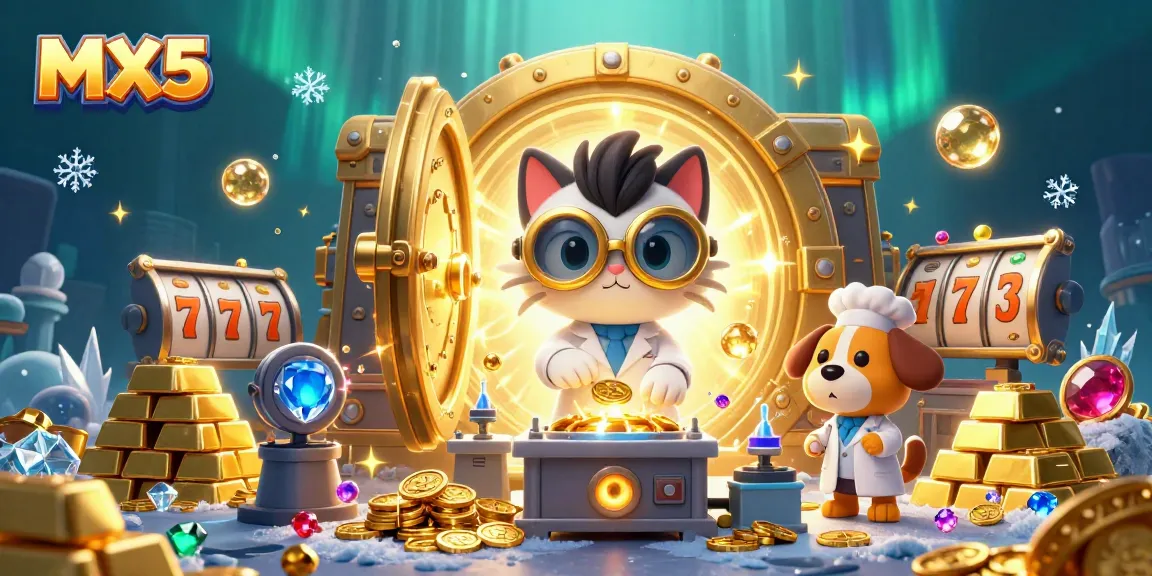 Experience the thrill of MX5 online casino with a vibrant 3D cartoon illustration showcasing slots and riches.