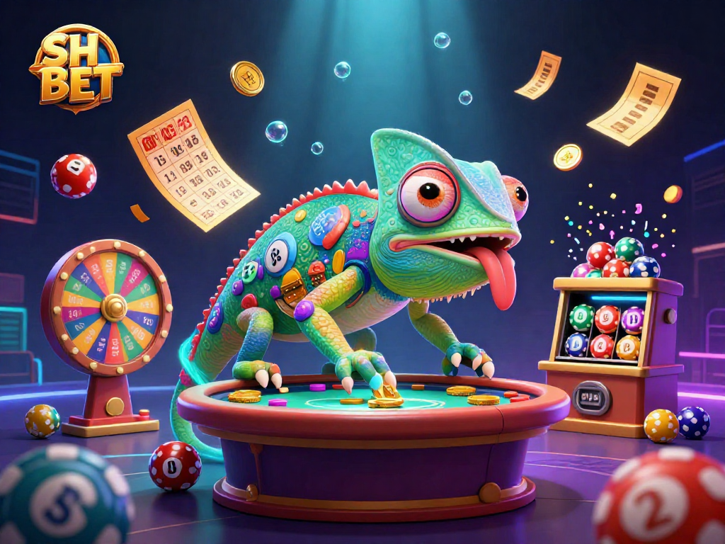Engage with SH BET’s vibrant casino world represented by colorful lottery balls and a dynamic chameleon character.
